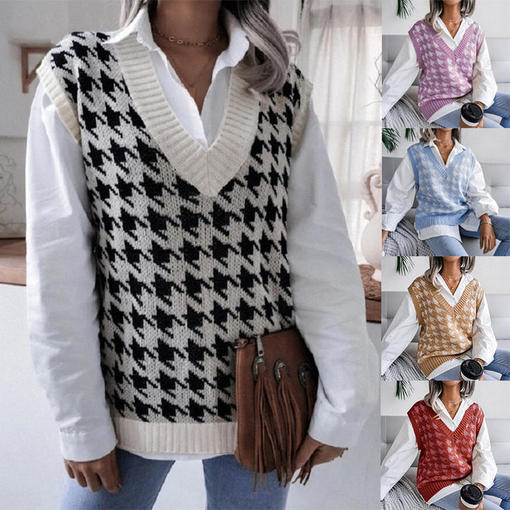 Damen Oversize Strickweste mit Hahnentritt-Muster und V-Ausschnitt Echo Archiv