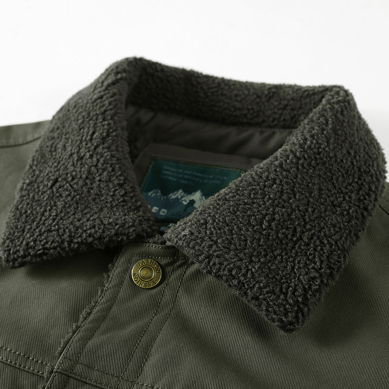 Herren Sherpa-gefütterte Canvas-Truckerjacke mit Teddyfutter und Utility‑Taschen Echo Archiv