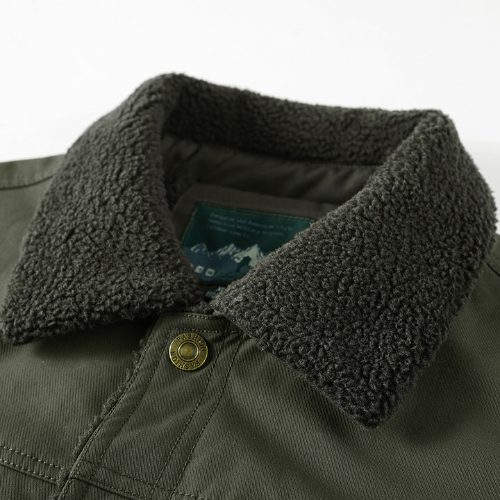 Herren Sherpa-gefütterte Canvas-Truckerjacke mit Teddyfutter und Utility‑Taschen Echo Archiv
