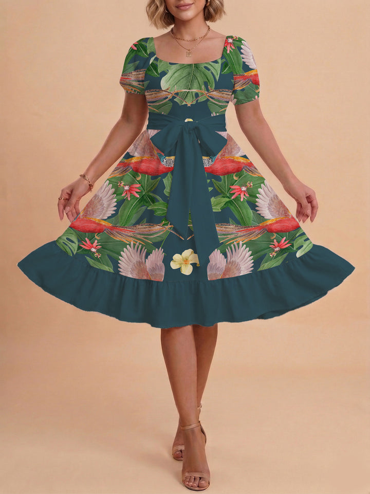 Damen Blumenkleid mit taillierbarem Gürtel und voluminösen Ärmeln Echo Archiv