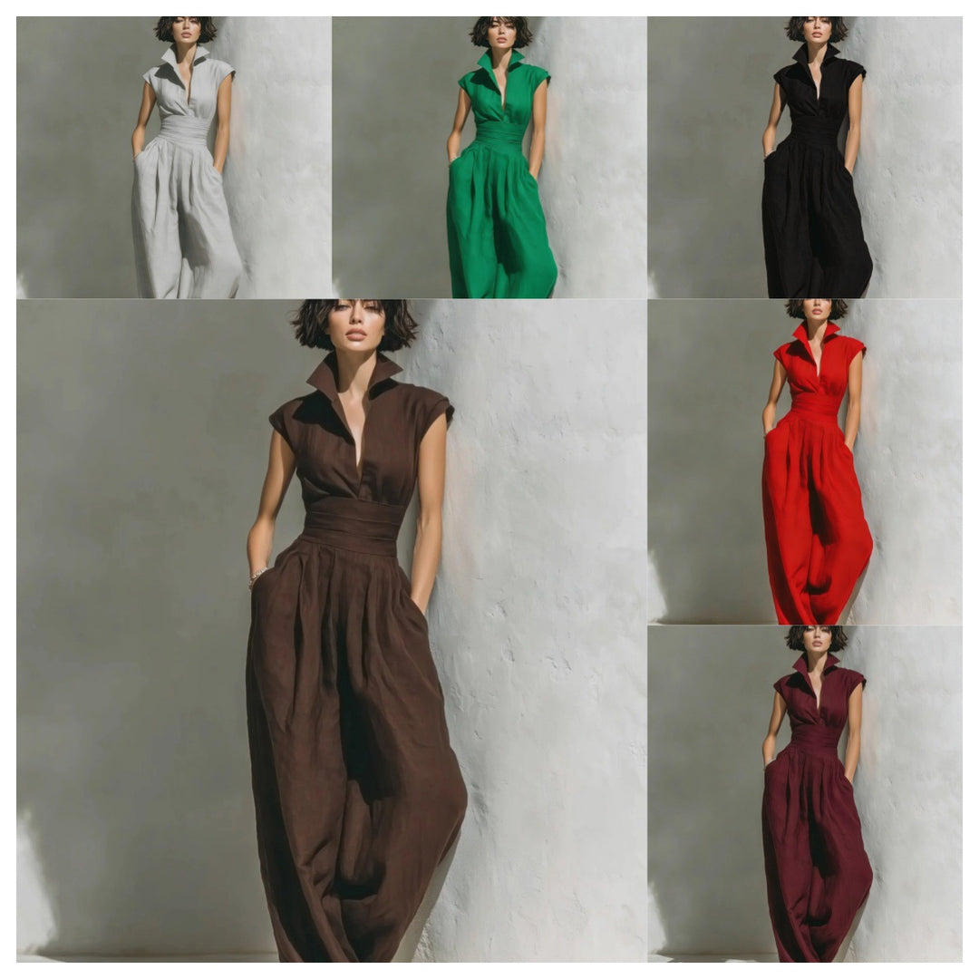 Damen Jumpsuit mit weitem Bein, tailliertem Wickelbund und Stehkragen Echoarchiv