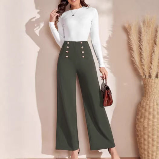 Damen nan hohe Taillenhose mit weitem Bein, maritim inspirierten Zierknöpfen Echo Archiv