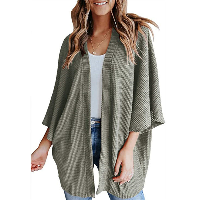 Damen Waffelstrick Offener Kimono-Cardigan mit Fledermausärmeln Echo Archiv