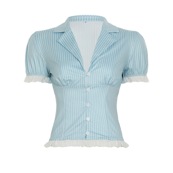 Damen Kurzes Blusenshirt mit Rüschenärmeln und Streifenmuster Echo Archiv