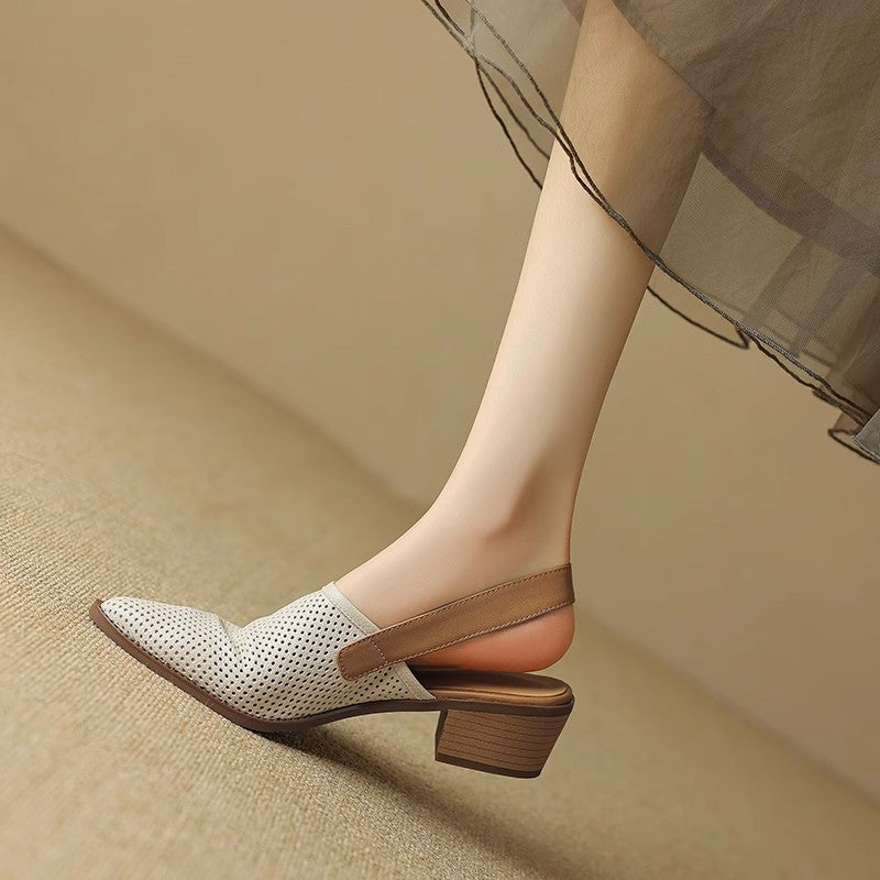 Damen Spitz zulaufende Slipper mit Fersenriemen, perforiertem Obermaterial und bequemem Blockabsatz – Lioré