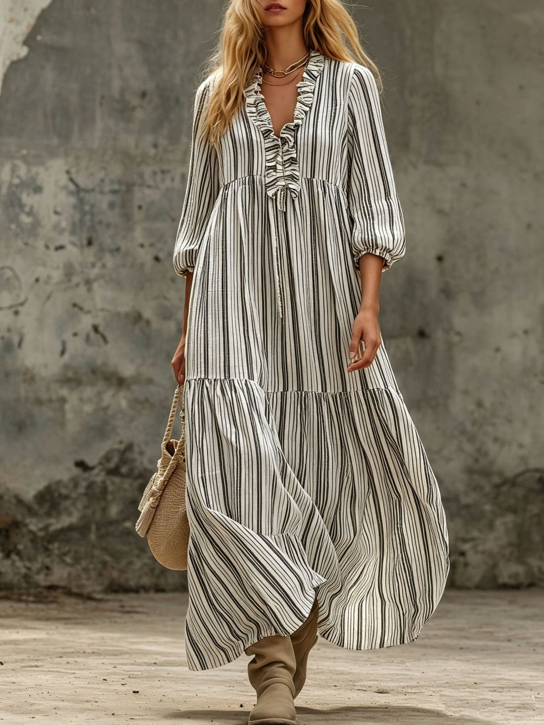 Damen Maxikleid mit Rüschen-V-Ausschnitt und Ballonärmeln Echoarchiv