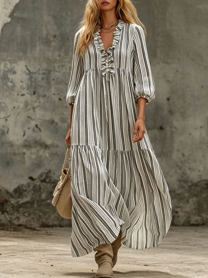 Damen Maxikleid mit Rüschen-V-Ausschnitt und Ballonärmeln Echoarchiv