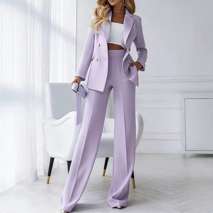 Damen Zweiteiliger Business-Hosenanzug mit tailliertem Zweireiherblazer und High-Waist Palazzo-Hose – Valéne