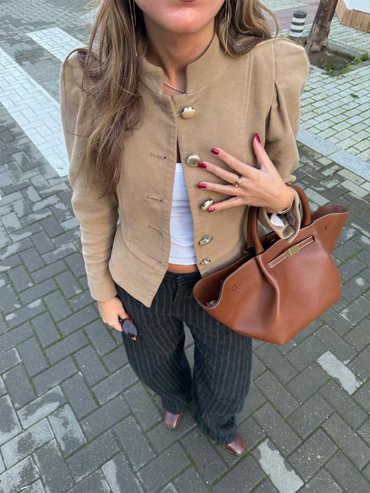 Damen Taillierter Wildlederoptik-Blazer mit Stehkragen und goldenen Zierknöpfen Echoarchiv