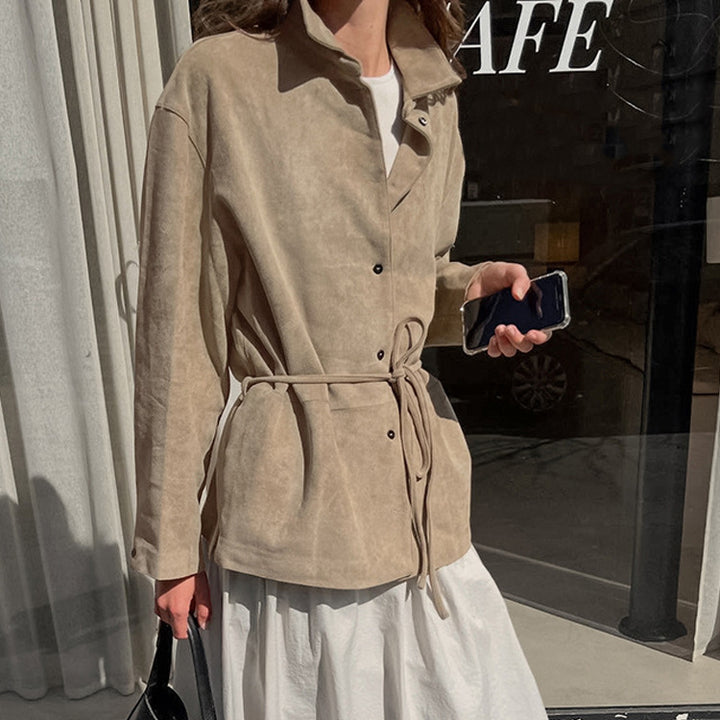 Damen Oversize Velourslederoptik-Utility-Jacke mit Tunnelzugtaillierung Echoarchiv