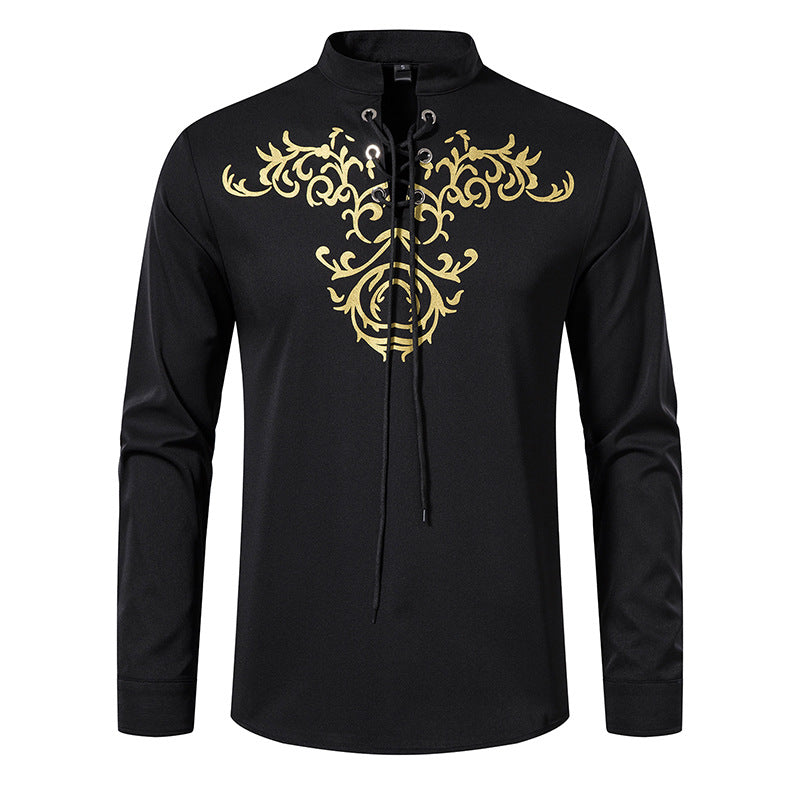 Herren Langarmshirt im asiatischen Stil mit kunstvollem Schnürungsdesign und modernen Akzenten Echoarchiv