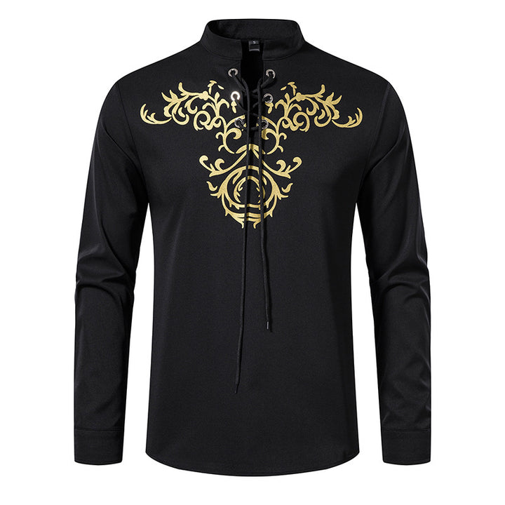 Herren Langarmshirt im asiatischen Stil mit kunstvollem Schnürungsdesign und modernen Akzenten Echoarchiv