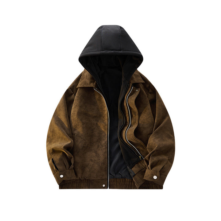Herren Oversized Velourslederoptik Bomberjacke mit Kapuze und Doppelreißverschluss Echo Archiv