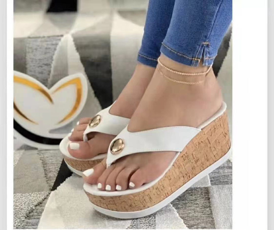 Damen nan Zehentrenner-Plateau-Sandalette mit Korkkeilabsatz und dekorativem Zierknopf Echo Archiv