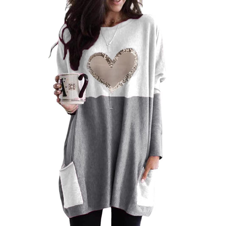 Damen Oversized Lange Pullover Tunika mit Pailletten-Herz und aufgesetzten Taschen Echoarchiv