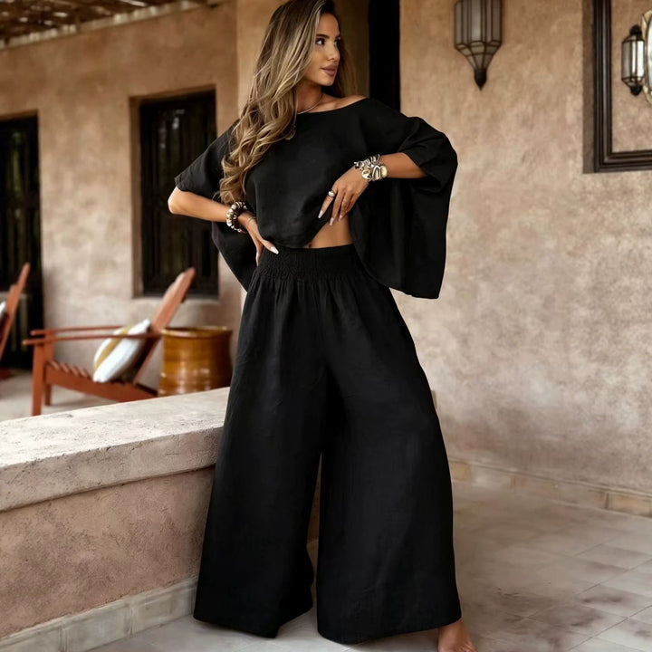 Damen Leinen-Set mit Cropped Oversize-Top und hohem elastischem Bund Palazzohose Echoarchiv