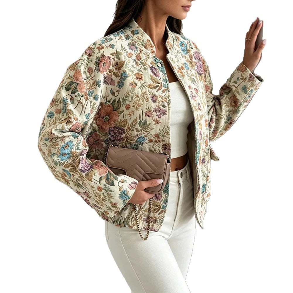 Damen Florale Jacquard-Steppjacke mit Stehkragen und elastischem Saum – Célinea
