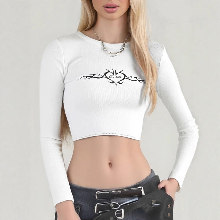 Damen cropped Langarmshirt mit raffinierter Grafik Echo Archiv