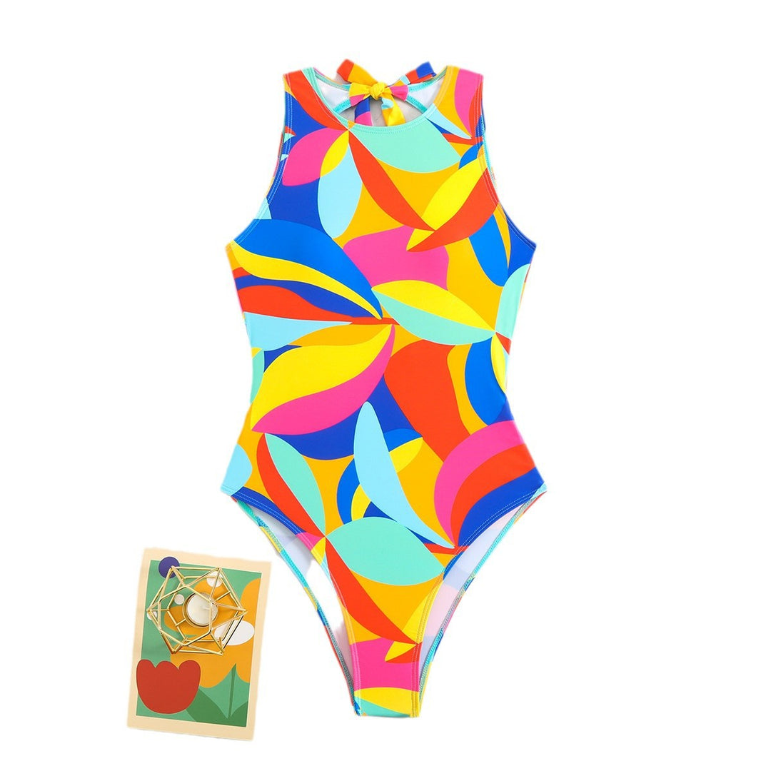 Damen Sportlicher Einteiler Badeanzug mit buntem Blattmuster Echo Archiv