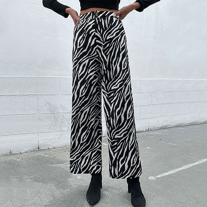 Damen Weite Palazzo-Hose mit Animal-Zebra-Muster, hohem Bund und Gürtelschlaufen Echoarchiv