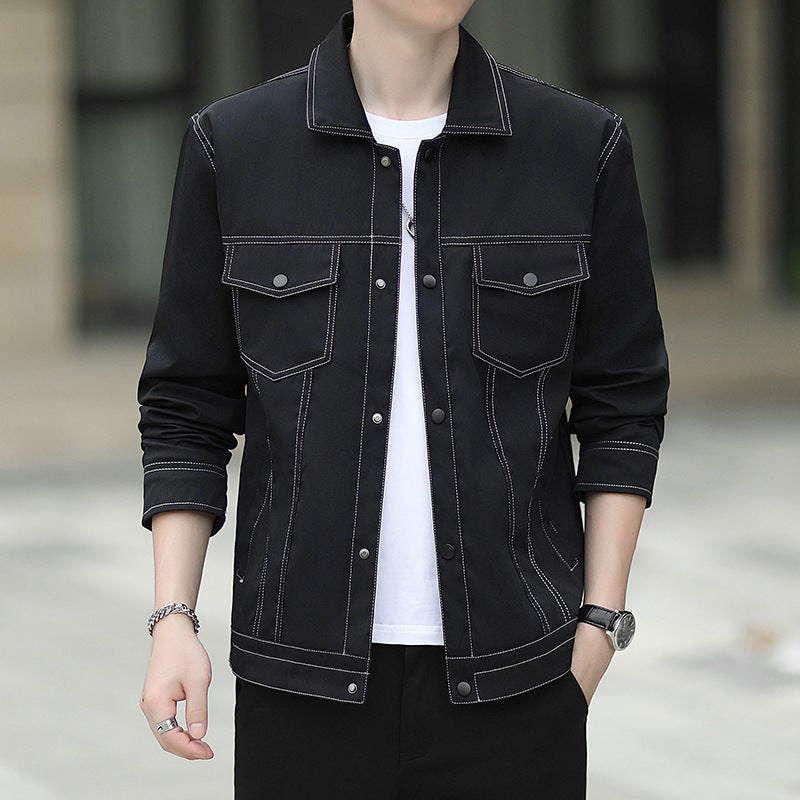 Herren leichte Canvas-Truckerjacke mit sichtbaren Kontrastnähten und Brustpattentaschen Echoarchiv