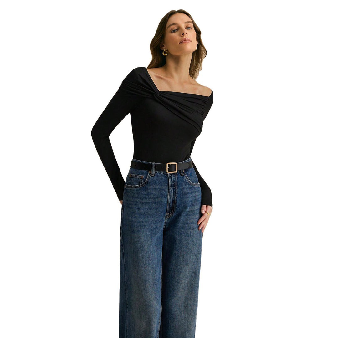 Damen asymmetrisches Off-Shoulder-Drapiertes Langarmshirt mit Knoten-Detail – Avérine