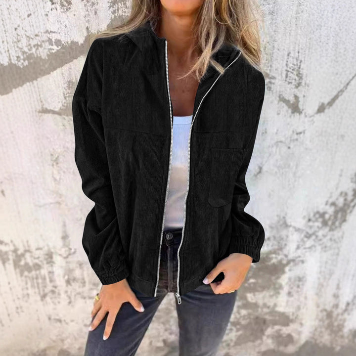 Damen Casual Cord-Hoodiejacke mit feiner Kordsamtstruktur, durchgehendem Reißverschluss und elastischem Saum – Célinea