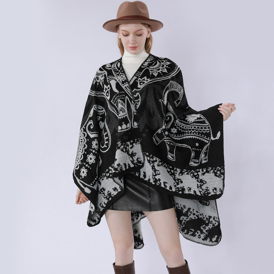 Damen Jacquard-Kimono-Cape aus Wollmix mit ornamentalen Tiermotiven – Célinea