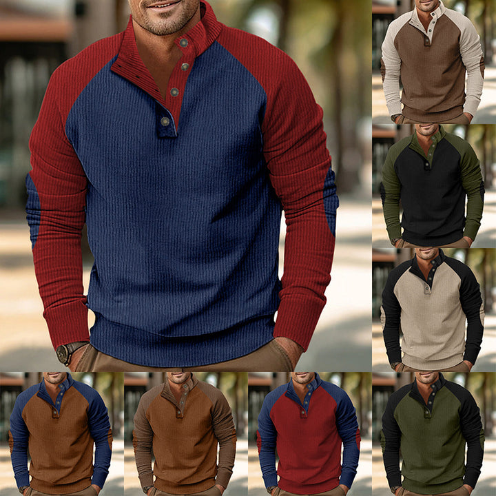 Herren Waffelstruktur-Henley-Pullover mit Stehkragen und Knopfleiste Echoarchiv