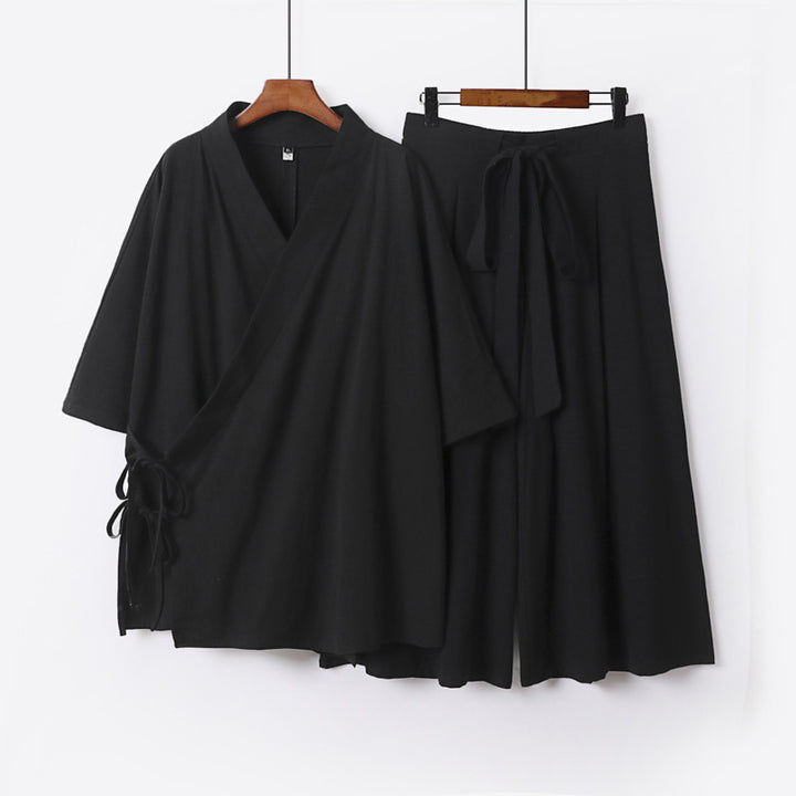 Damen Kimono-Loungewear-Set aus leichter Viskose mit Wickeloberteil und weitem Culotte-Hosenrock Echoarchiv