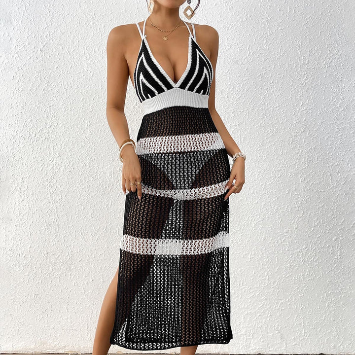 Damen gehäkelter Strandüberwurf mit stilvollem V-Ausschnitt und eleganten Streifendetails Echo Archiv
