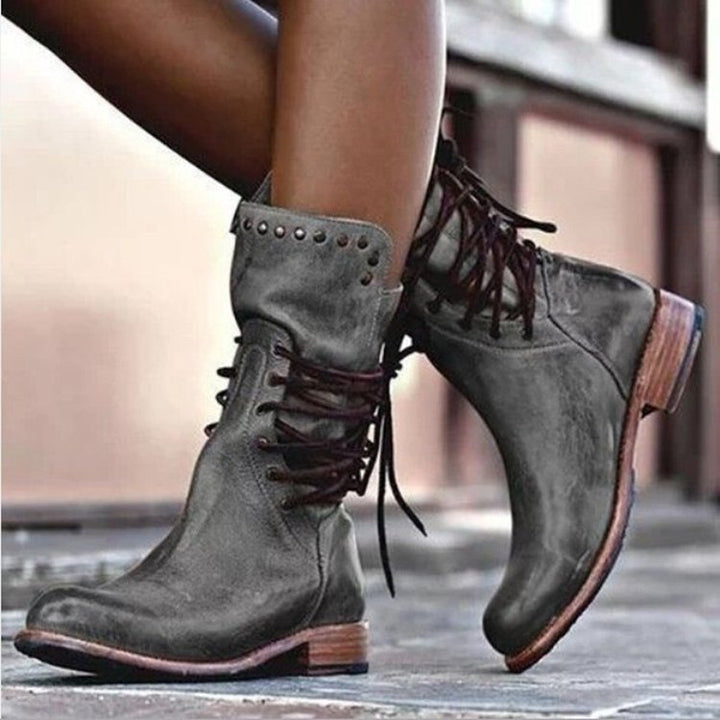 Damen Vintage-Leder Schnürstiefel mit Nietenbesatz und mittlerem Blockabsatz Echo Archiv