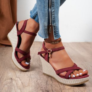 Damen Jeans-Optik Keilsandalen mit geflochtener Bastsohle und verstellbarem Knöchelriemen – Sorelia