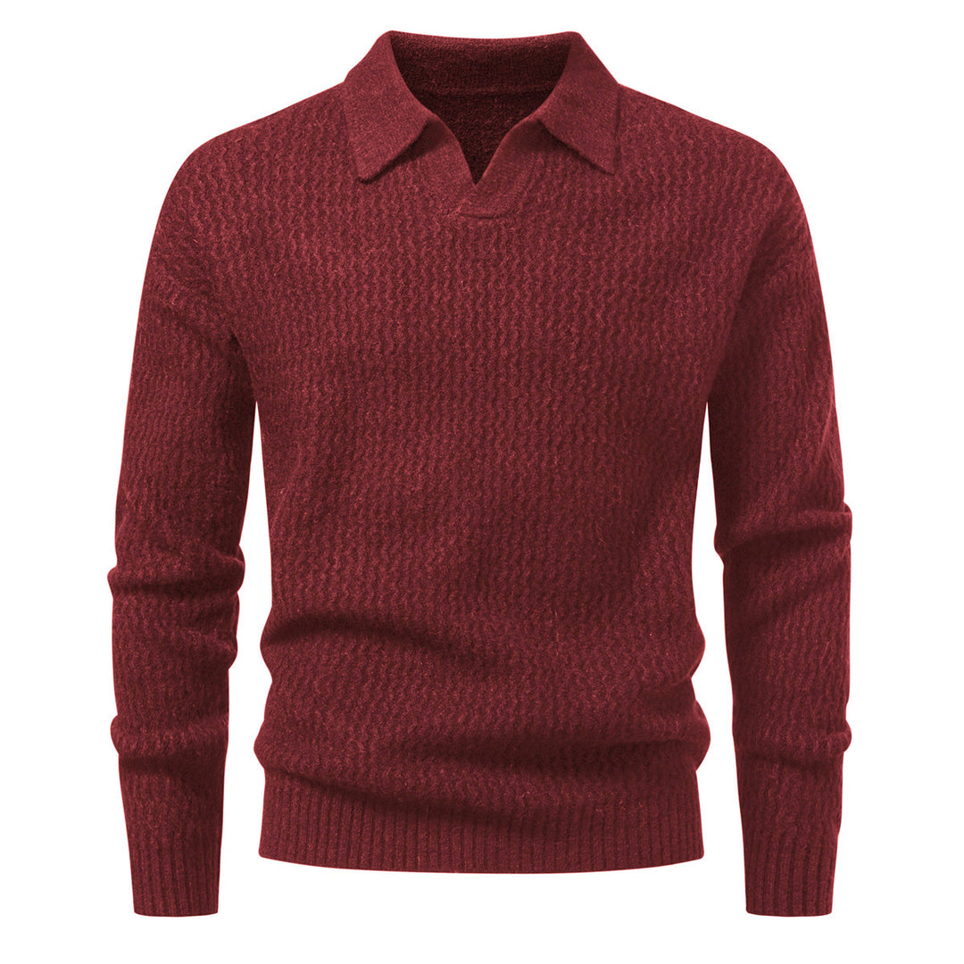 Herren Polokragen-Feinstrickpullover mit strukturierter Wellenoptik und geripptem Saum Echo Archiv