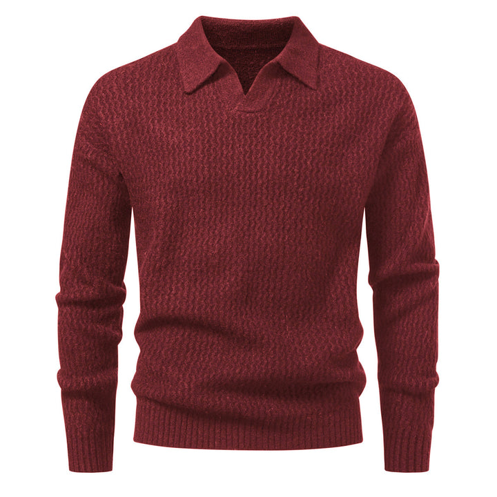Herren Polokragen-Feinstrickpullover mit strukturierter Wellenoptik und geripptem Saum Echo Archiv