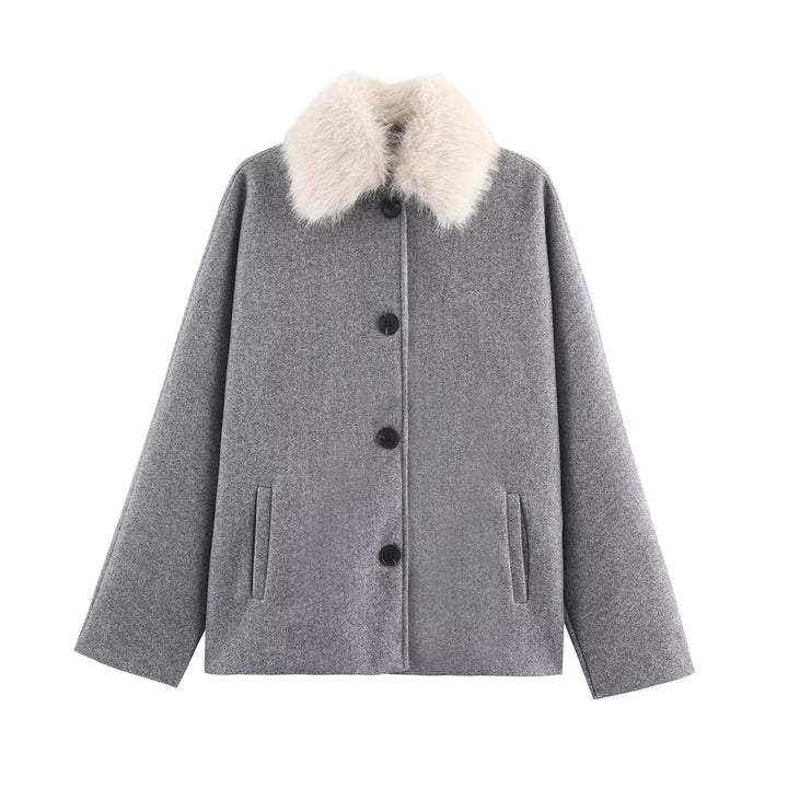 Damen kurz geschnittene kastige Wollmix-Jacke mit abnehmbarem Kunstpelzkragen und Leistentaschen – Célinea