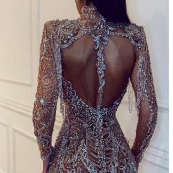 Damen Glamouröses Pailletten-Minikleid mit hochgeschlossenem Design und transparenten Ärmeln Echoarchiv