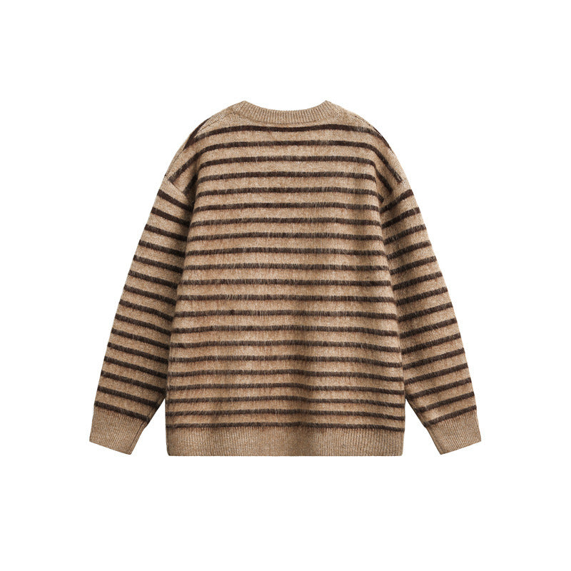 Unisex Oversize Gestreifter Flauschpullover mit Rundhalsausschnitt Echoarchiv