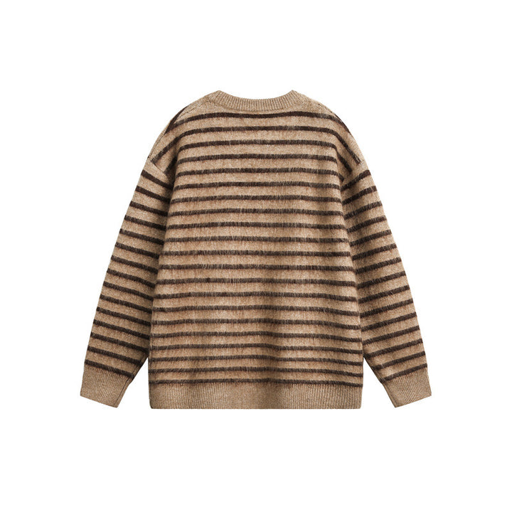 Unisex Oversize Gestreifter Flauschpullover mit Rundhalsausschnitt Echoarchiv