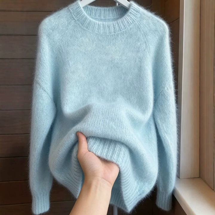 Damen Oversize Mohair‑Mix Rundhalspullover mit Raglanärmeln und geripptem Saum – Mavelle