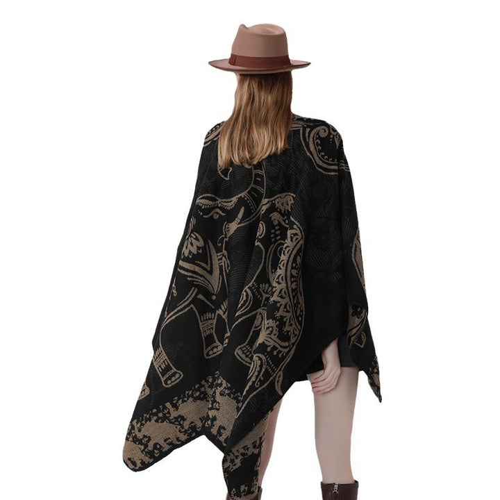 Damen Jacquard-Kimono-Cape aus Wollmix mit ornamentalen Tiermotiven – Célinea