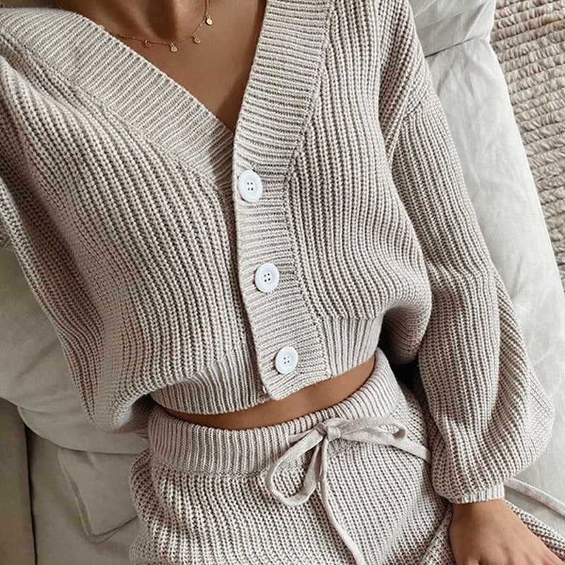Damen geripptes Strick-Zweiteiler Set mit Cropped-Cardigan, Kordelzug-Hochbundhose und Komfortpassform – Élanora