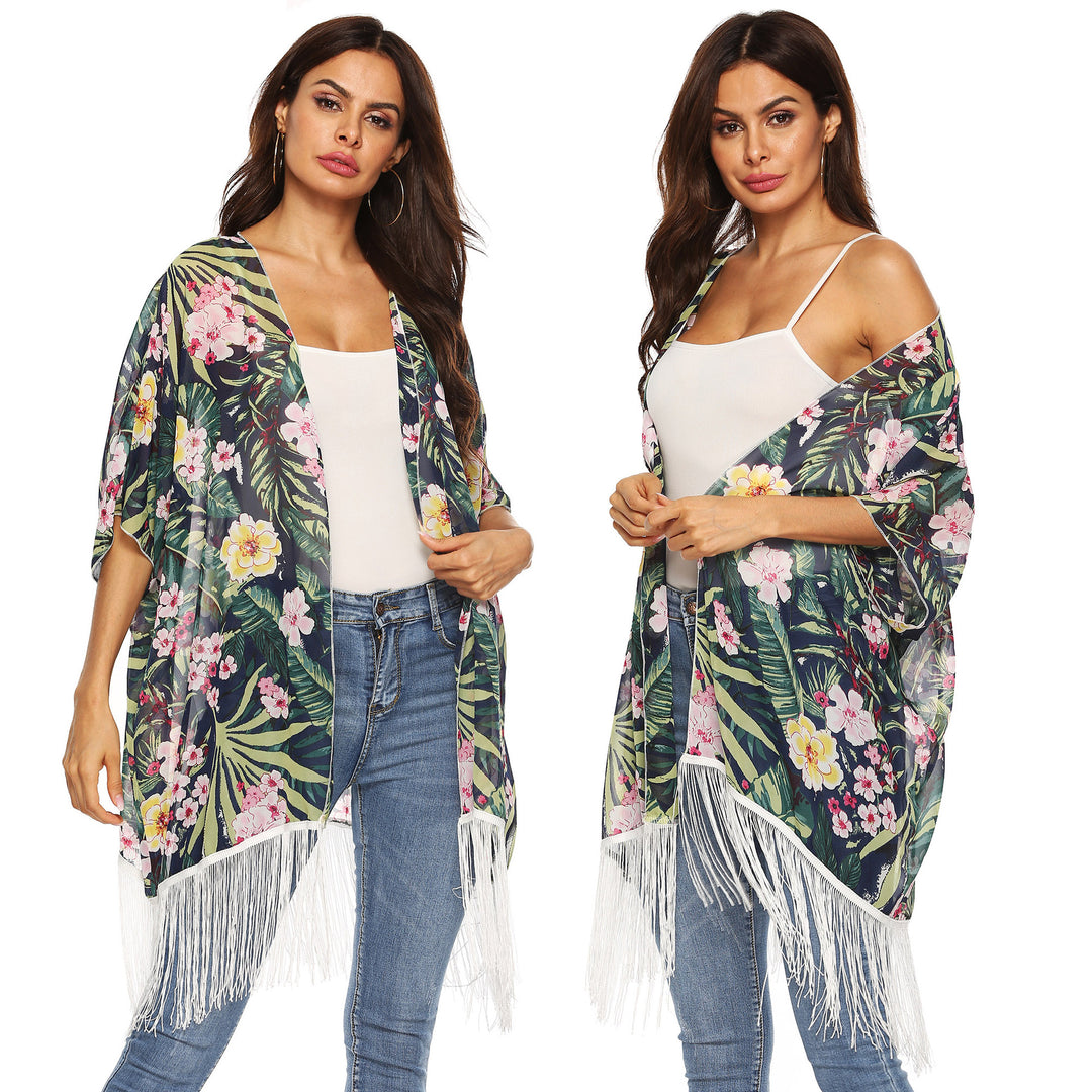 Damen Kimono mit floralem Design und Fransen Echo Archiv