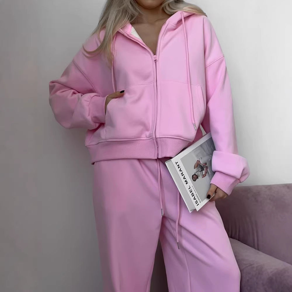 Damen lässiges Kapuzen-Sweatshirt mit Reißverschluss und weiten High-Waist Jogginghose – Auréline