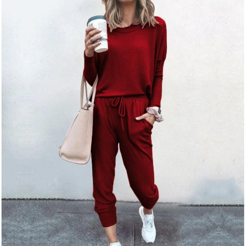 Damen Lässiges Lounge-Set mit Rundhalsausschnitt, Kordelzug-Hose und Bündchen – Élanora