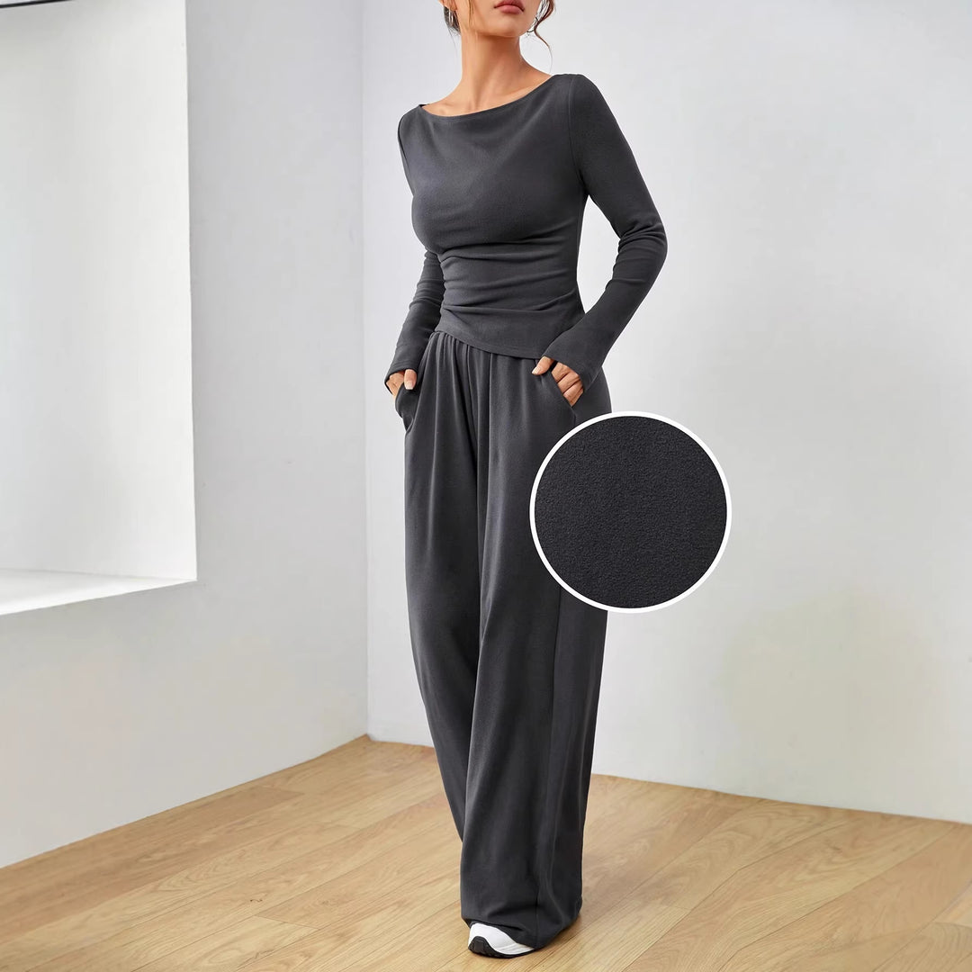 Damen Lässiges Two‑Piece Lounge‑Set mit U‑Boot‑Ausschnitt, taillierter Drapierung und weitem Palazzohose Echo Archiv