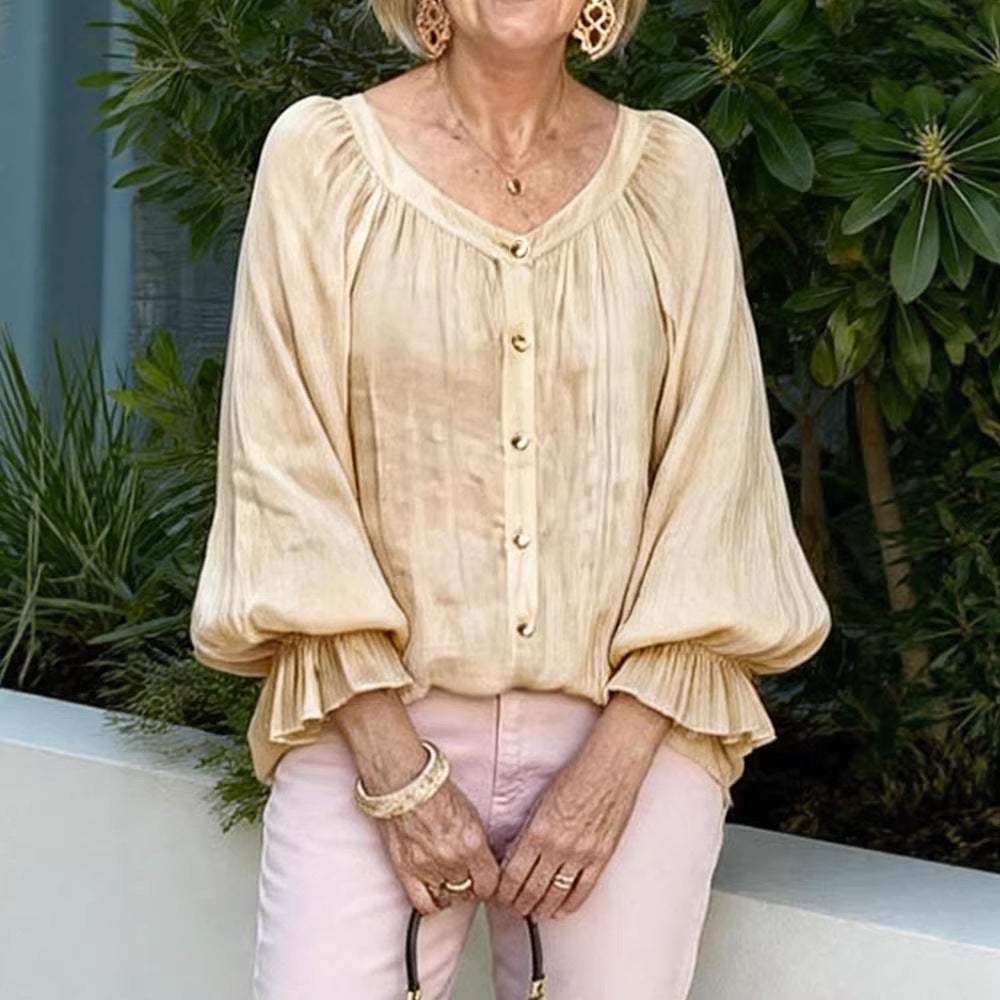 Damen Elegantes Blusenshirt mit Rüschenärmeln und Knopfleiste Echo Archiv