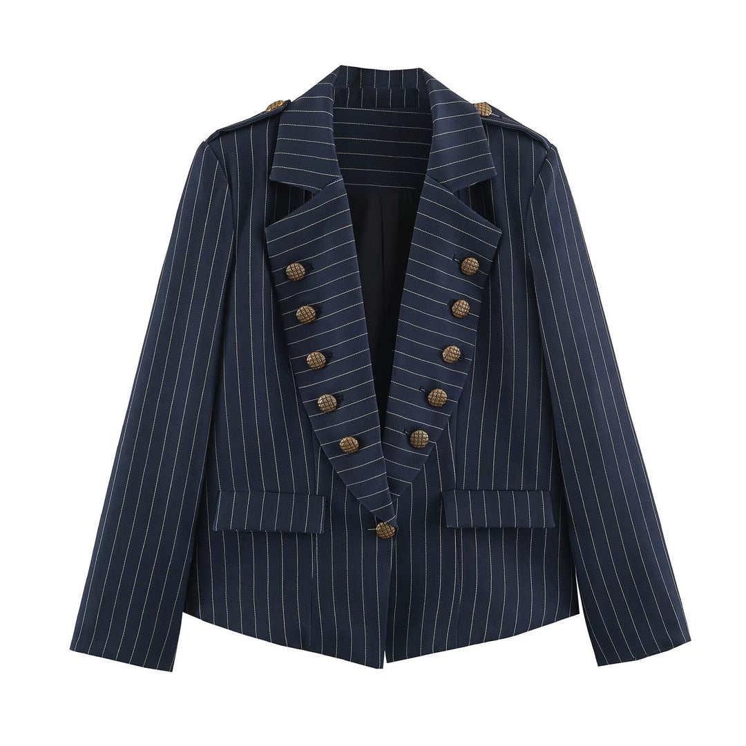 Damen taillierter Doppelreiher-Nadelstreifenblazer mit Schulterklappen Echo Archiv
