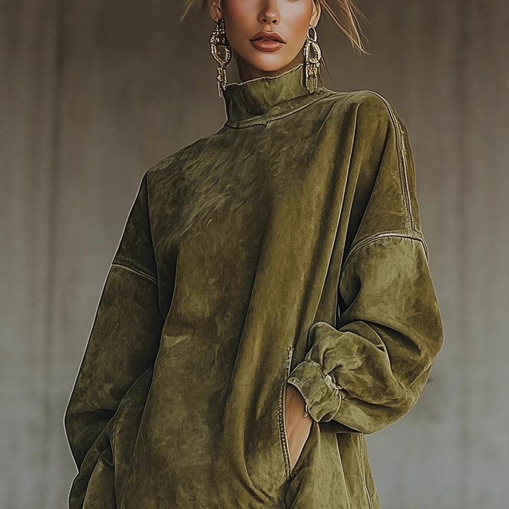 Damen nan oversized Wildlederoptik Tunika mit Stehkragen und Fransen Echo Archiv