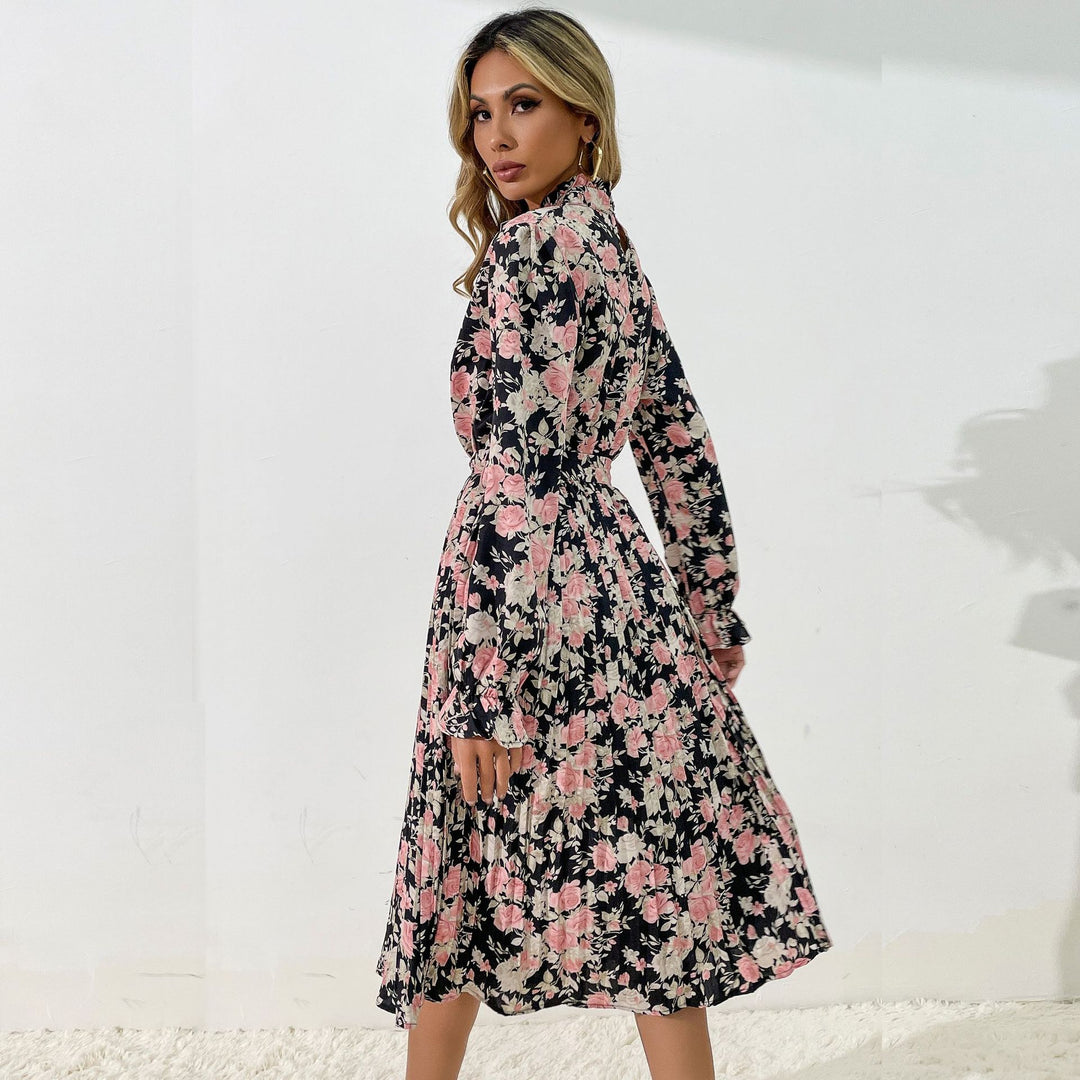Damen Midikleid mit Blumenprint, Plissée‑Rock, Stehkragen und Bindegürtel Echoarchiv